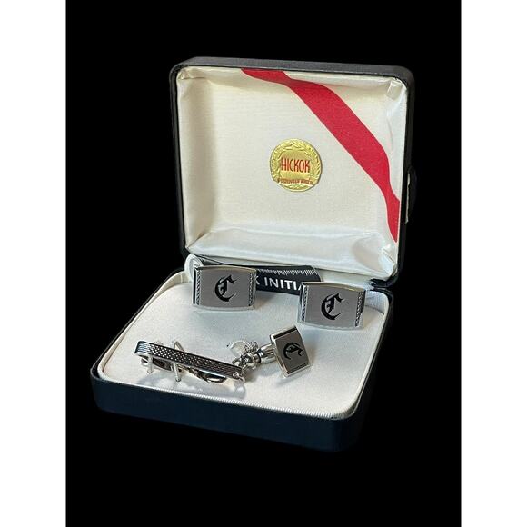 Vintage Hickok Silver-Tone Letter C Monogram Cufflinks and Tie Clip Set - Picture 1 of 5